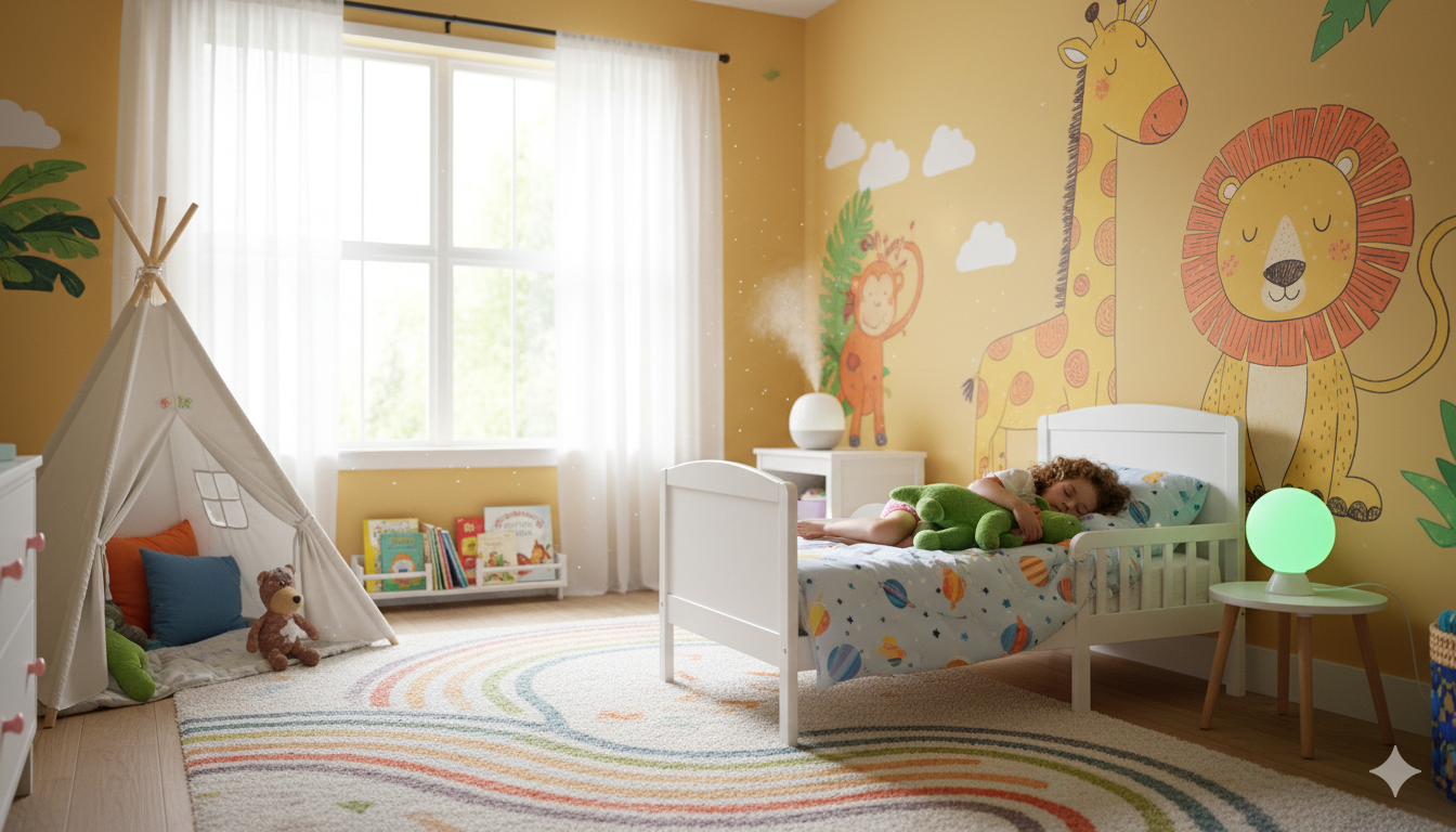 Peaceful child sleeping comfortably in bed