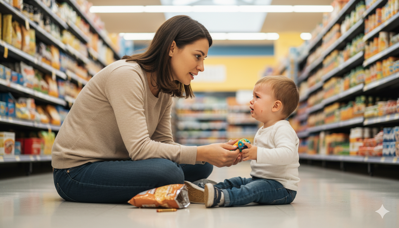 Parent calmly helping child through a tantrum or meltdown moment